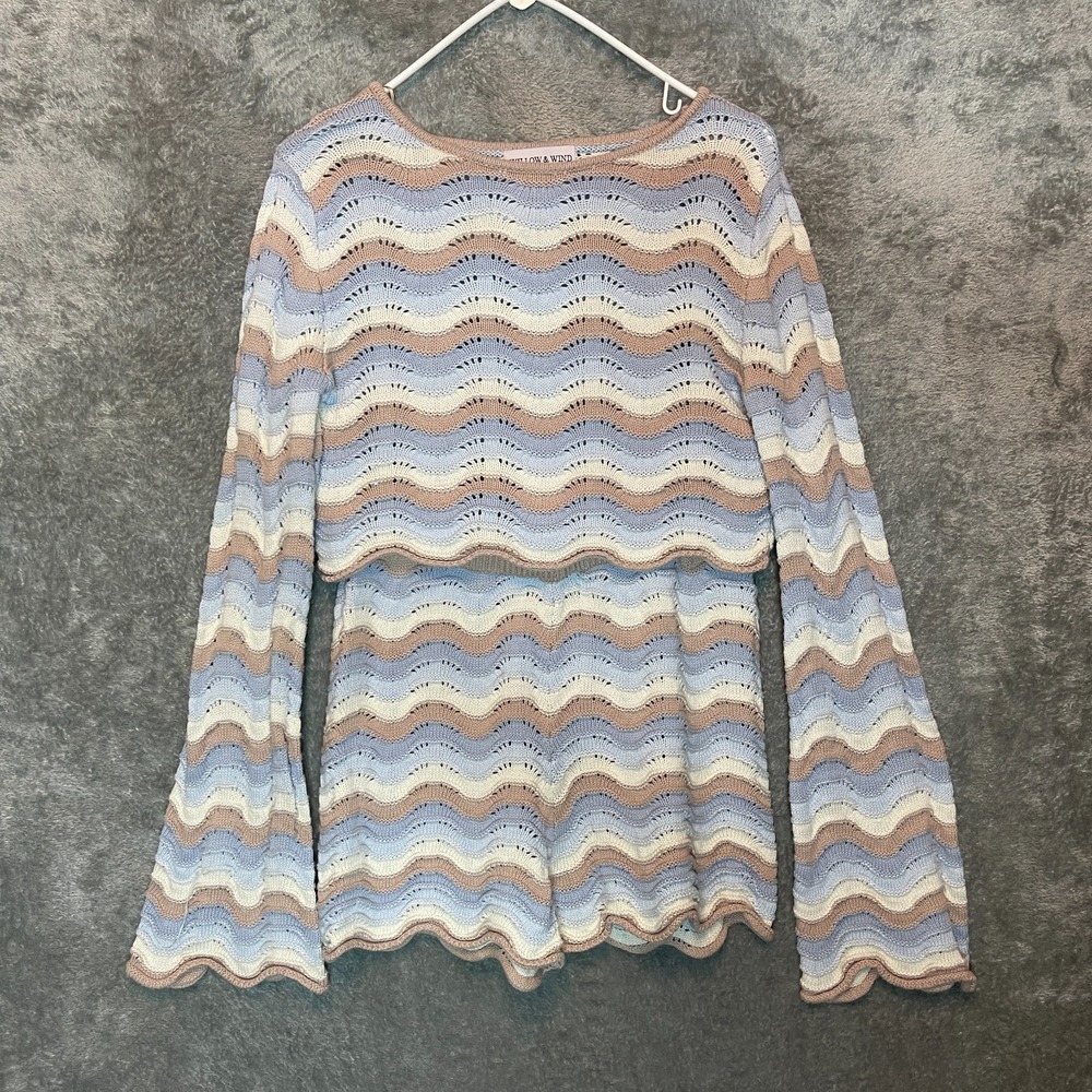 Womens Pointelle Knit Crochet Two Piece Co-ord Set M Boho 70s Pastel Bell Sleeve